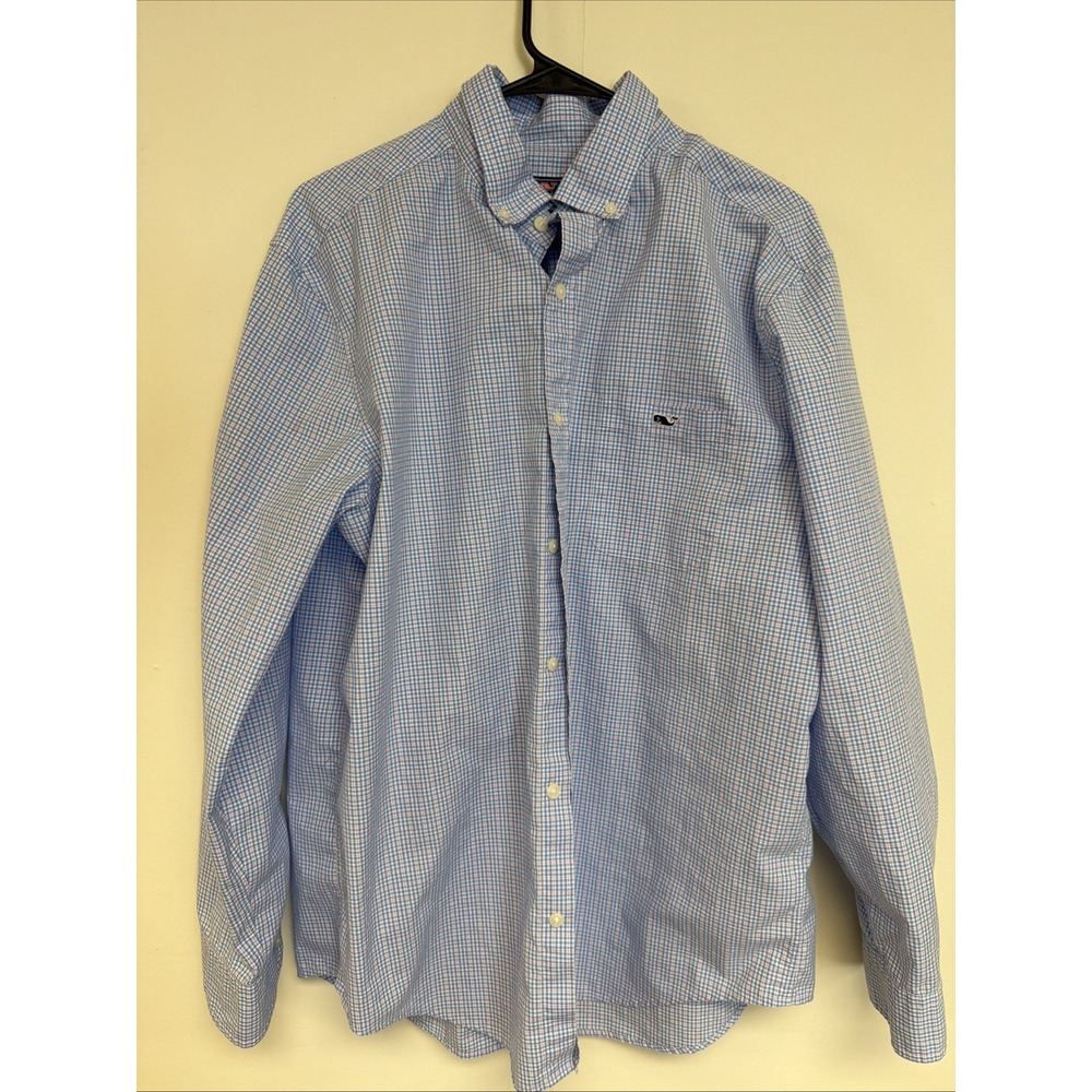 Vineyard Vines blue white Red checkered button-up shirt Size L  100% Cotton